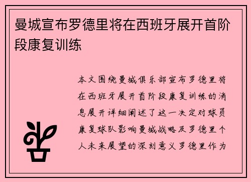 曼城宣布罗德里将在西班牙展开首阶段康复训练